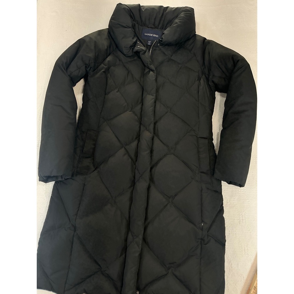 Lands End Black Diamond Quilted Down‎ Long Puffer Coat Funnel Neck Size S 6-8